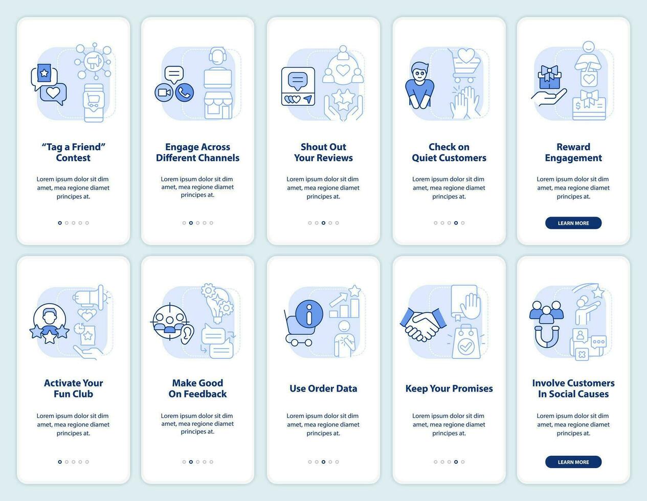 Digital customer engagement light blue onboarding mobile app screen set. Walkthrough 5 steps editable instructions with linear concepts. UI, UX, GUI template vector