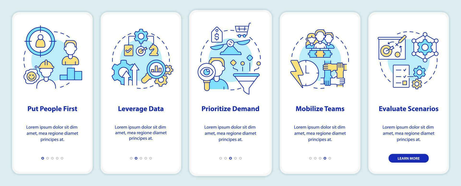 Supply chain priorities onboarding mobile app screen. Management walkthrough 5 steps editable graphic instructions with linear concepts. UI, UX, GUI template vector