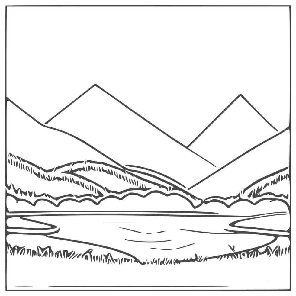 Landscape Coloring book, mountains and river. vector