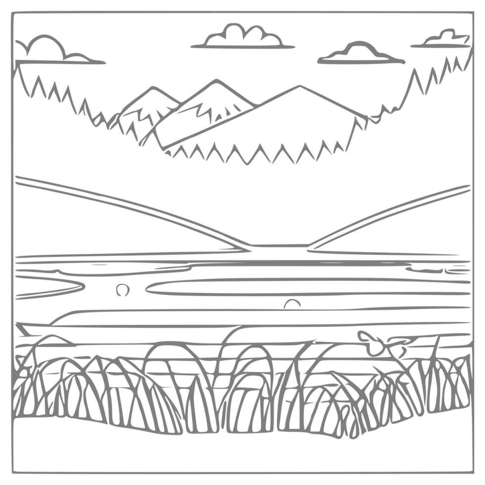 Landscape Coloring book, mountains and river. vector