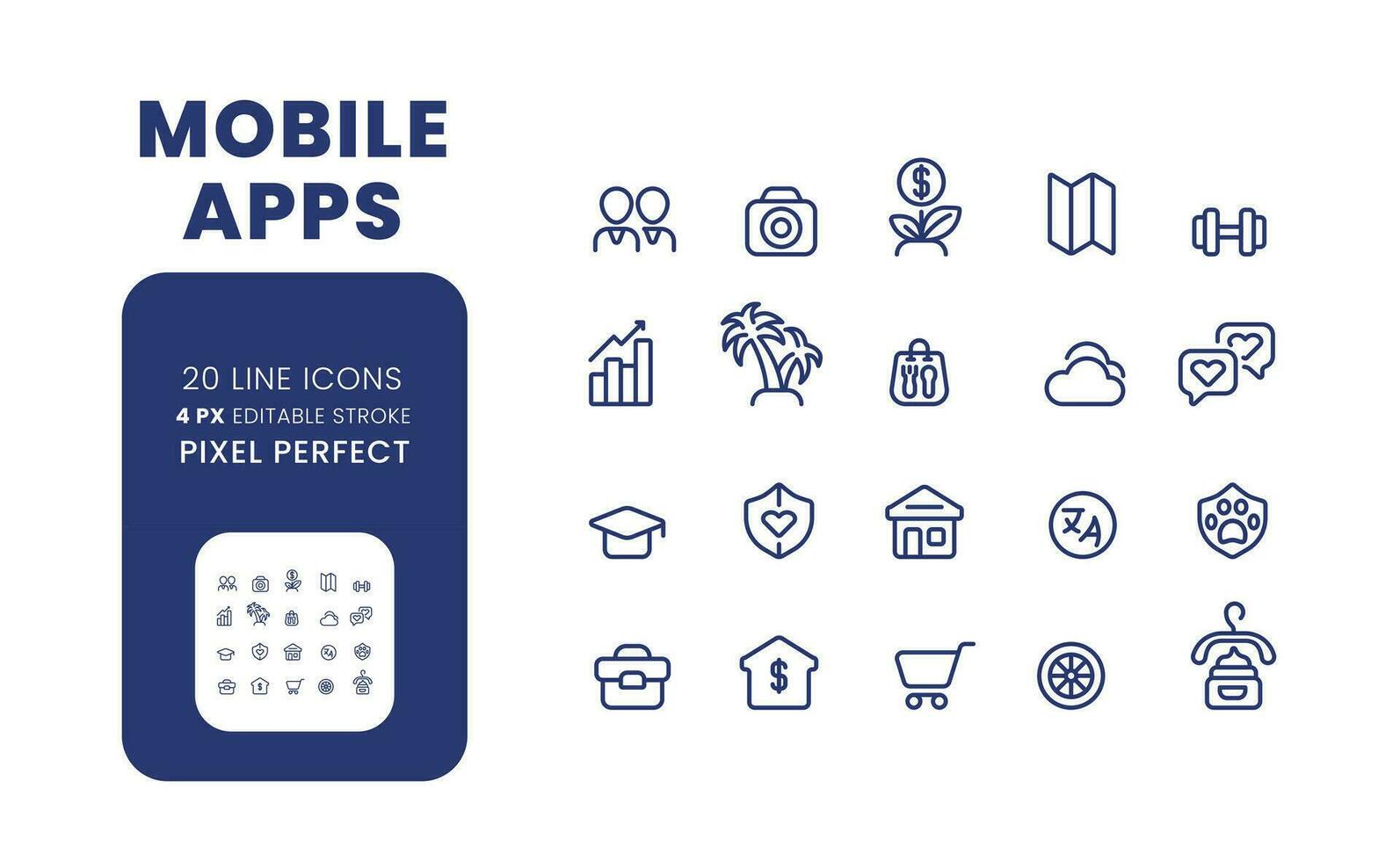 Mobile apps linear desktop icons set. Digital business. Social media. Online services. E commerce. Pixel perfect, outline 4px. Isolated user interface elements pack for website. Editable stroke vector