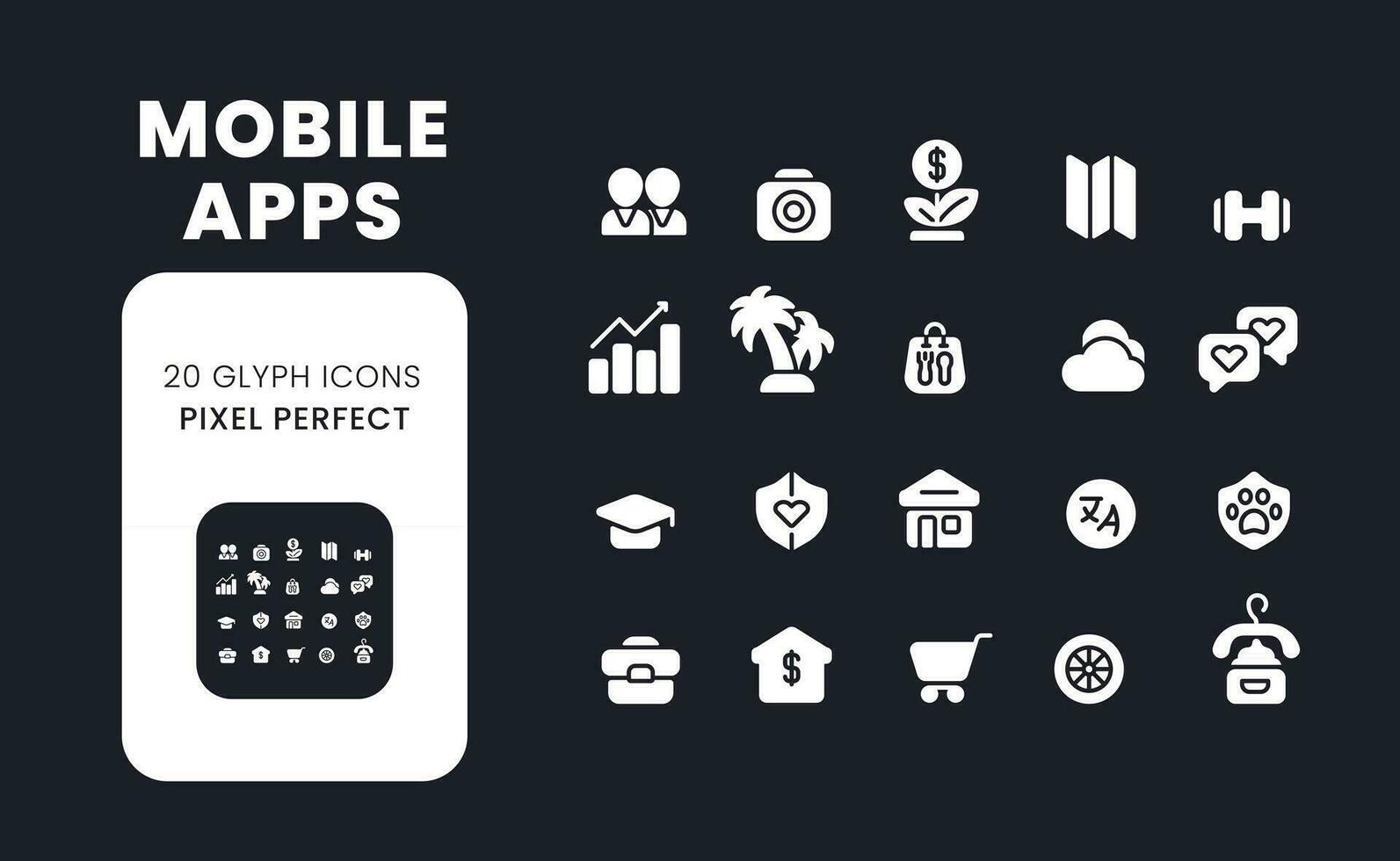 Mobile apps white solid desktop icons set. Digital business. Social media. Online services. E commerce. Pixel perfect, outline 4px. Symbols for dark theme. Glyph pictograms. Vector isolated images