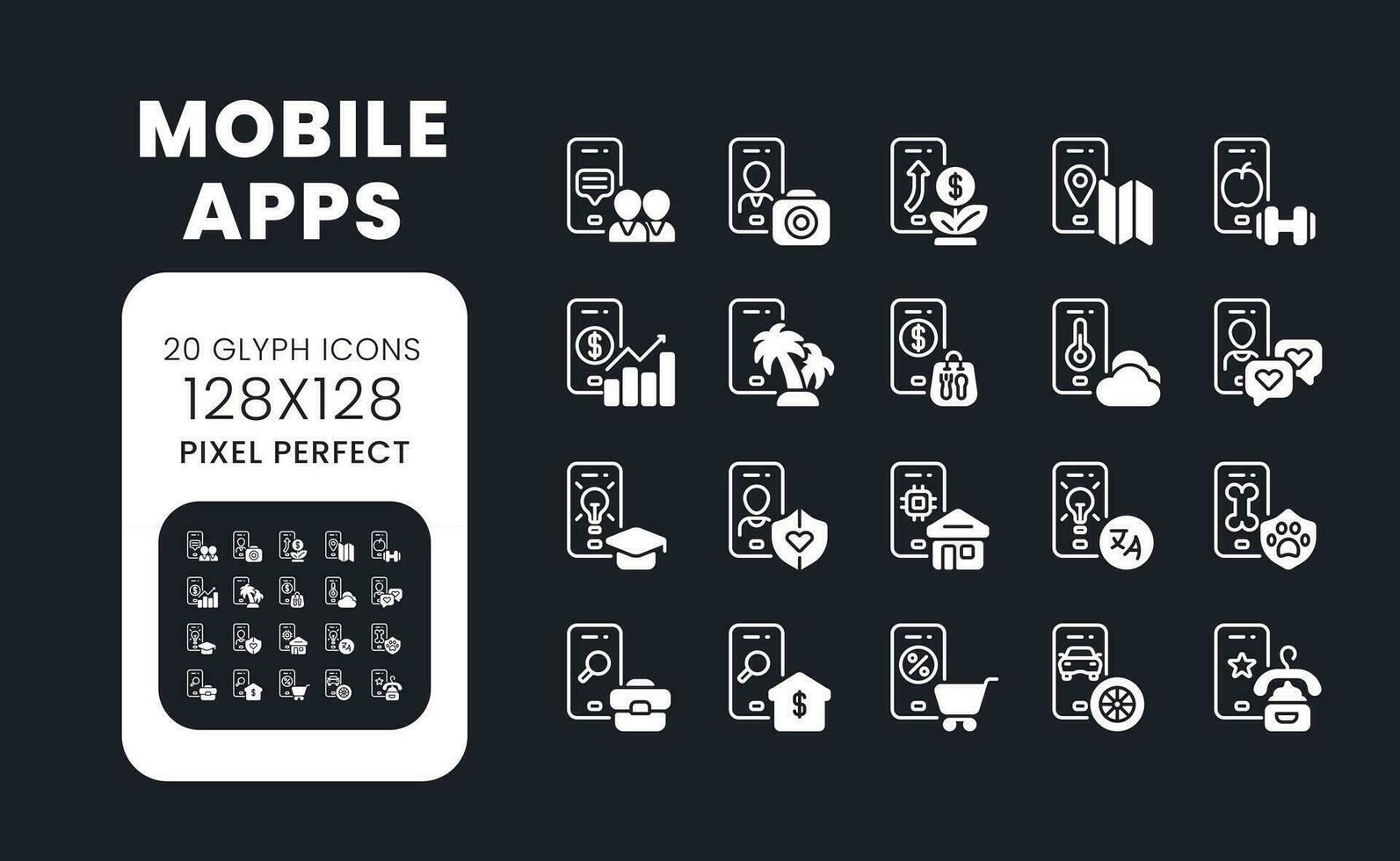 Mobile apps white solid desktop icons set. Software development. Social media marketing. Pixel perfect 128x128, outline 4px. Symbols for dark theme. Glyph pictograms. Vector isolated images