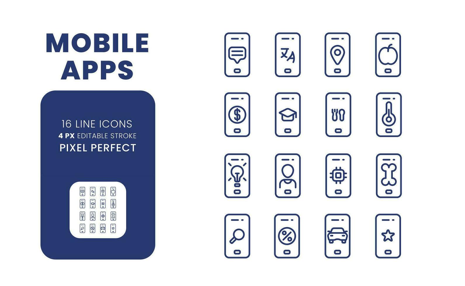 Mobile apps linear desktop icons set. Smartphone software. Market analytics. Online tools. Pixel perfect, outline 4px. Isolated user interface elements pack for website. Editable stroke vector