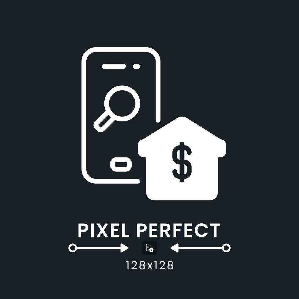 Real Estate app white solid desktop icon. Homes for sale. Housing data. Apartments for rent. Pixel perfect 128x128, outline 4px. Silhouette symbol for dark mode. Glyph pictogram. Vector isolated image