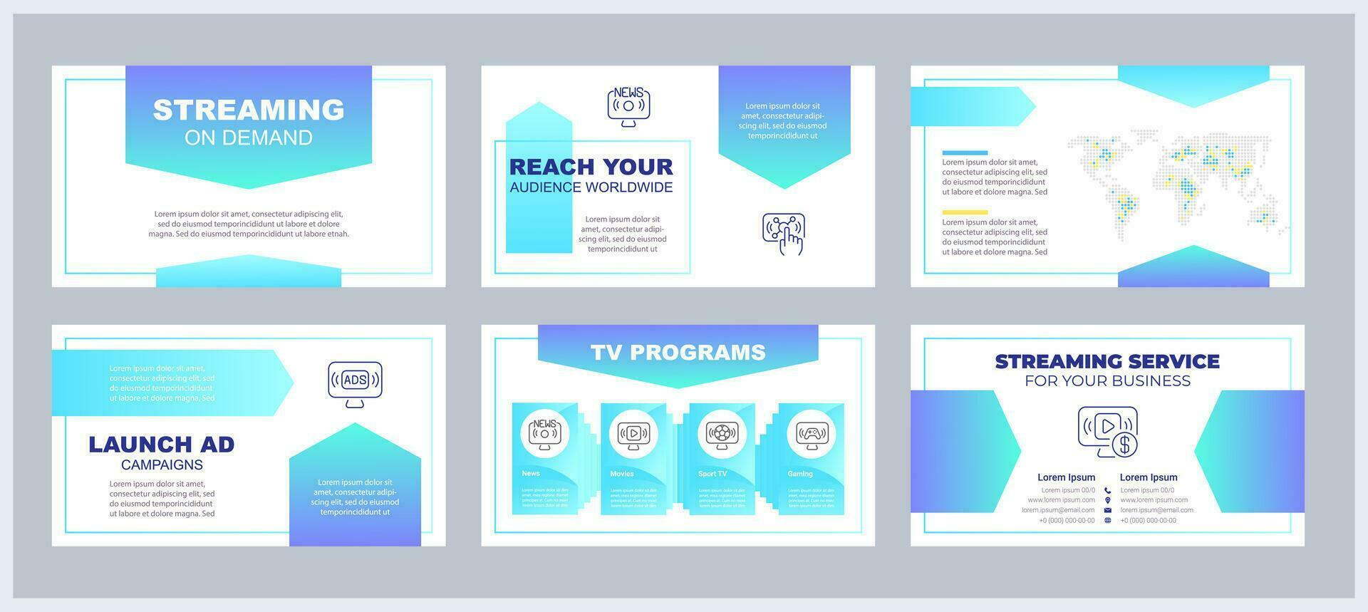 Streaming on demand presentation templates set. VOD platform. Subscription-based business model. Digital media. Ready made PPT slides on white background. Graphic design vector