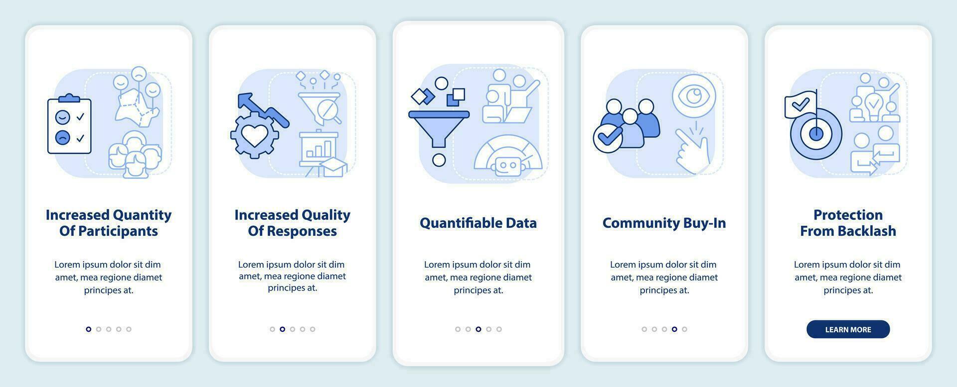 Advantages of digital engagement light blue onboarding mobile app screen. Walkthrough 5 steps editable instructions with linear concepts. UI, UX, GUI template vector