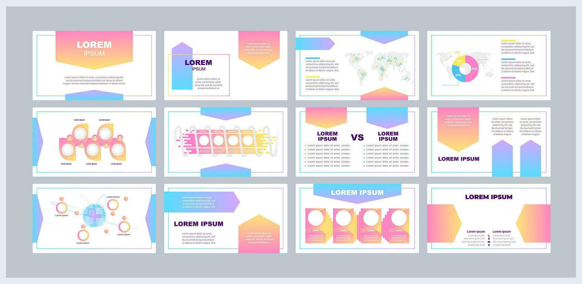 Business plan presentation templates set. Market research. Financial projection. Data analysis. Ready made PPT slides on white background. Graphic design vector