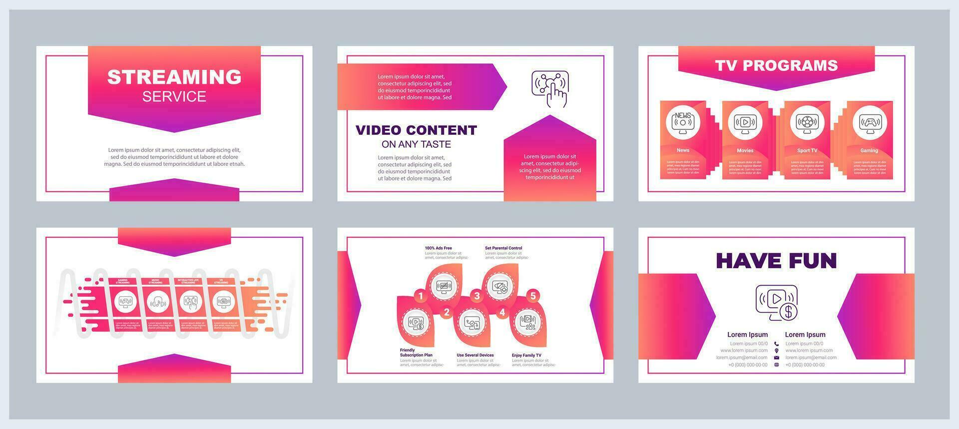 Streaming service presentation templates set. Video content. Digital media consumption. Online entertainment. Ready made PPT slides on white background. Graphic design vector