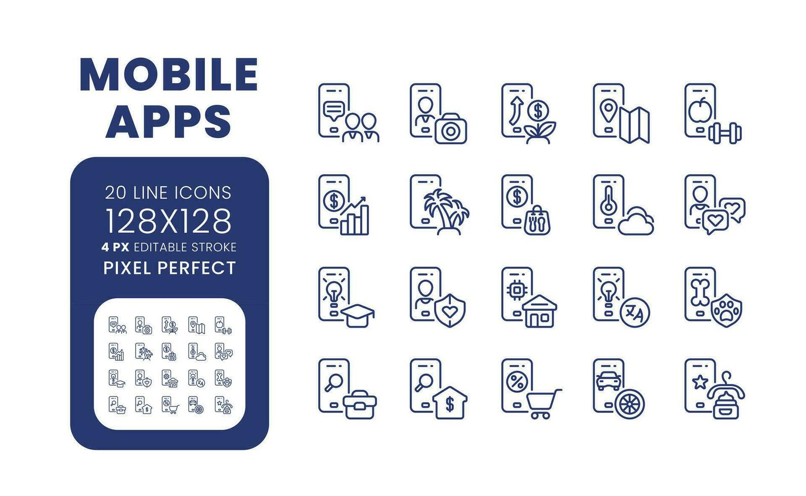 Mobile apps linear desktop icons set. Software development. Social media marketing. Pixel perfect 128x128, outline 4px. Isolated user interface elements pack for website. Editable stroke vector