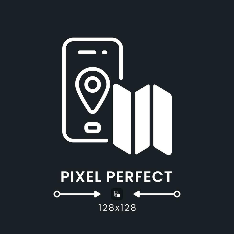 Navigation app white solid desktop icon. Offline map. Driving directions. Route planning. Pixel perfect 128x128, outline 4px. Silhouette symbol for dark mode. Glyph pictogram. Vector isolated image