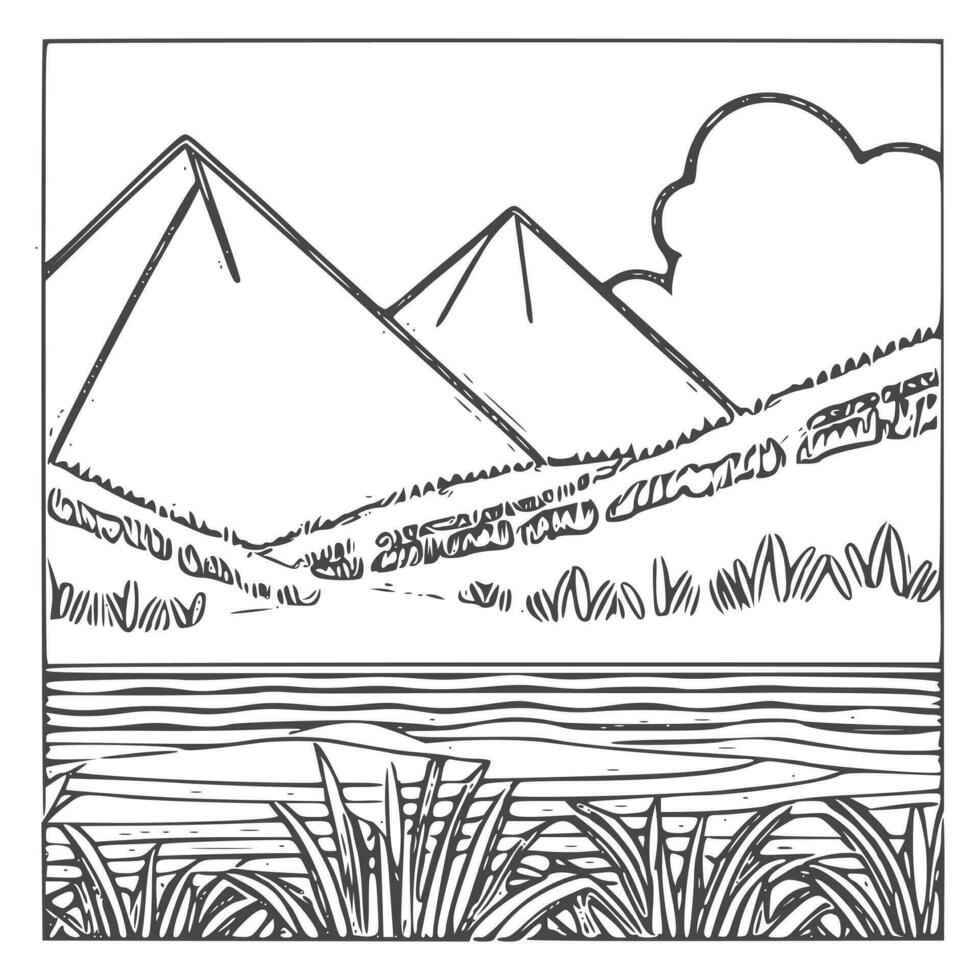 paisaje colorante libro, montañas y río. vector