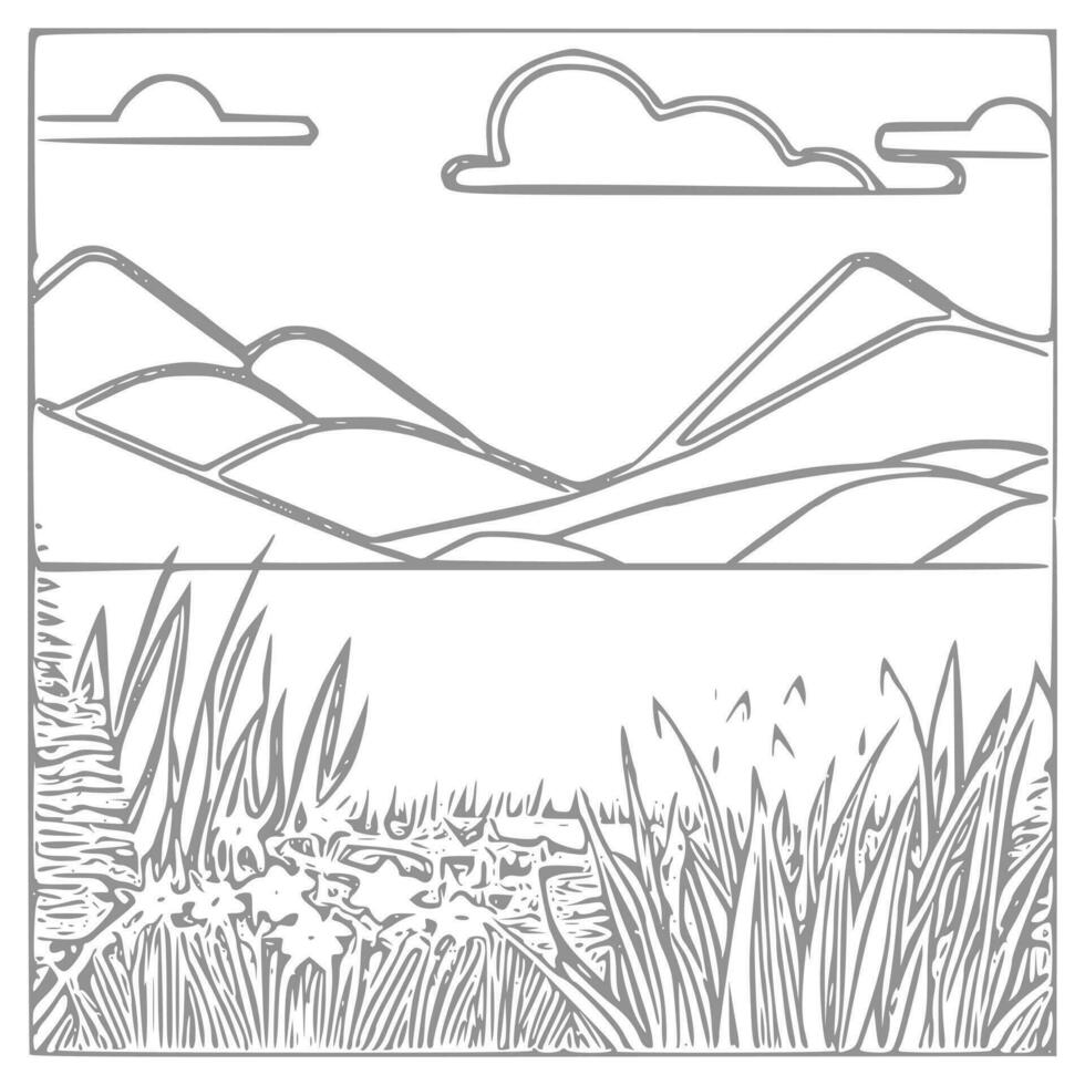 Landscape Coloring book, mountains and river. vector