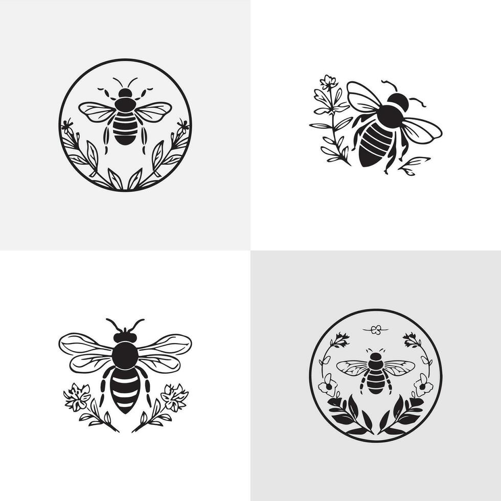 Set of honey bee emblems and design elements. Honeycombs, bee silhouettes vector