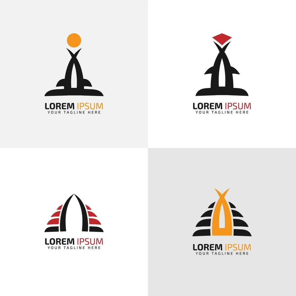 Set of 4 vector logos. Abstract building in a linear style. Security building, home and property protection, real estate sales, home renovation, architecture, landscape design and much more
