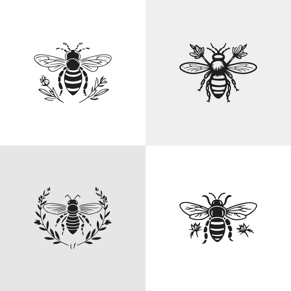 Honeybee silhouettes clip art collection. Bee black shape vector illustration set isolated on white background. Detailed decorative beekeeping logotype design elements