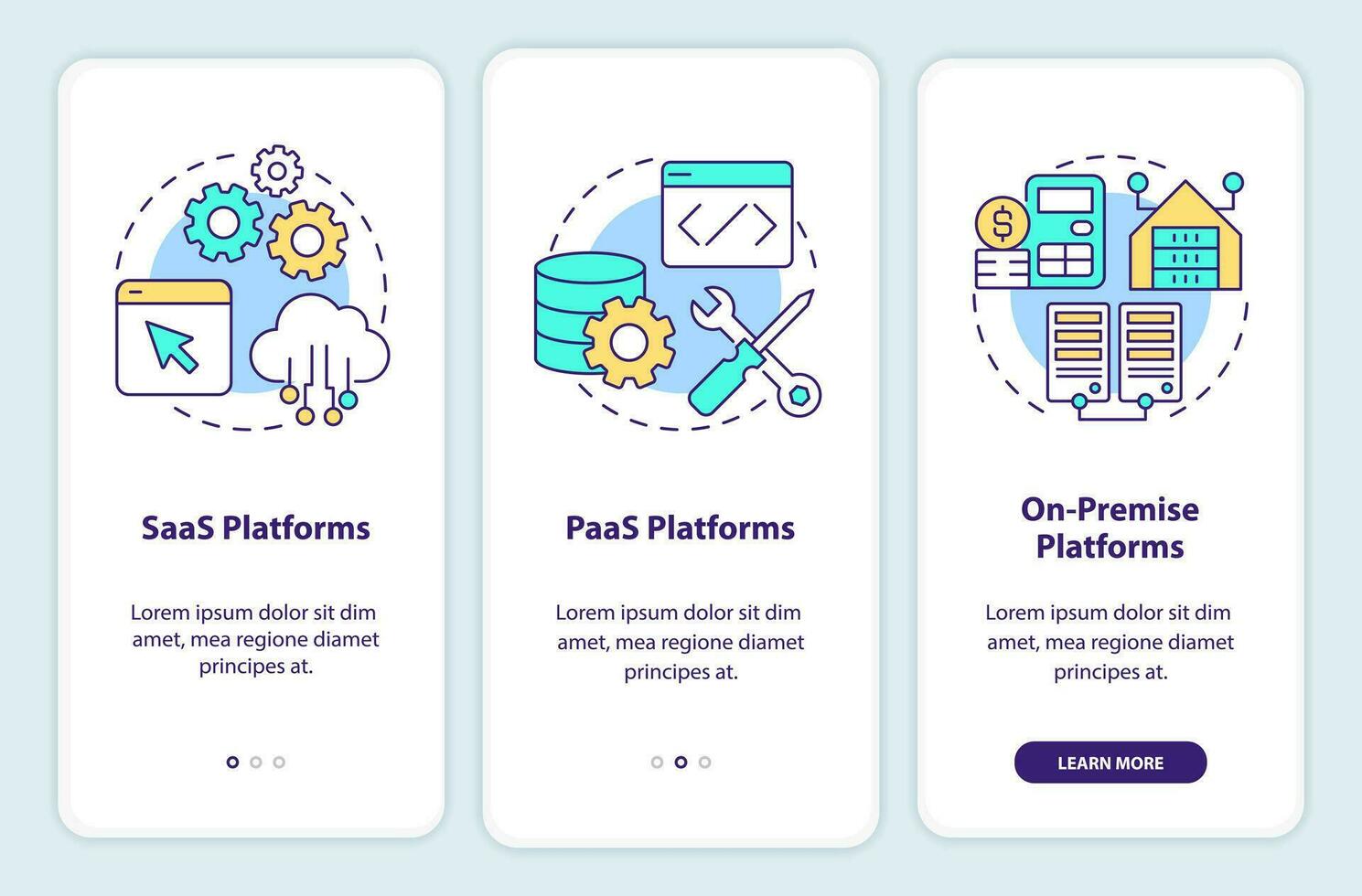 Types of ecommerce platforms onboarding mobile app screen. Walkthrough 3 steps editable graphic instructions with linear concepts. UI, UX, GUI template vector