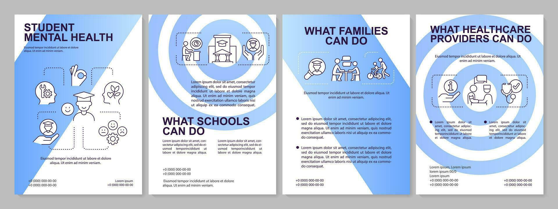 Support child mental health blue gradient brochure template. Back to school. Leaflet design with linear icons. 4 vector layouts for presentation, annual reports