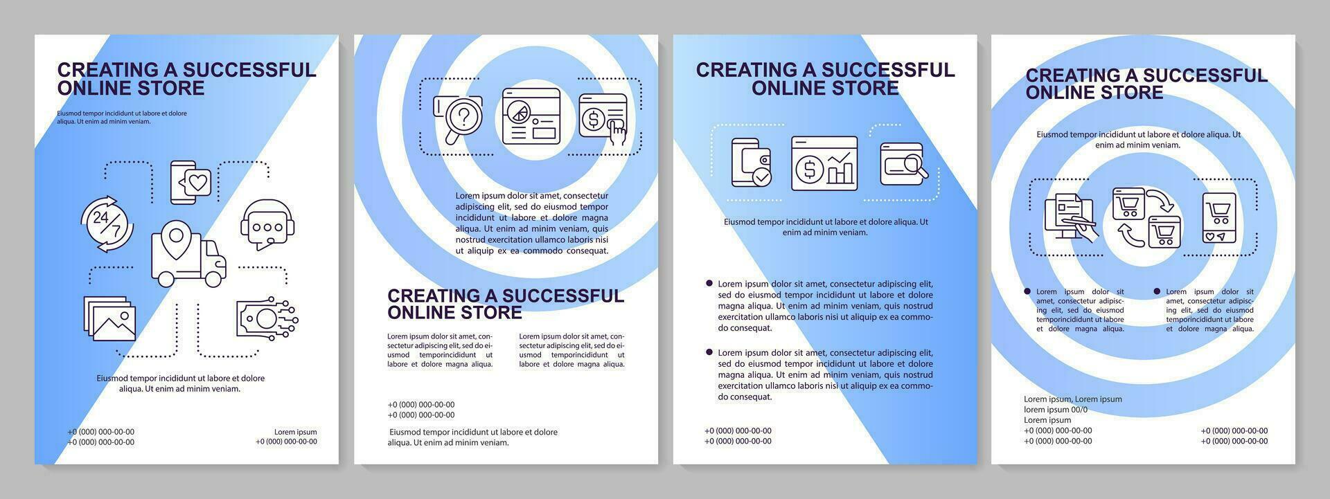 Creating successful online store blue gradient brochure template. Leaflet design with linear icons. 4 vector layouts for presentation, annual reports