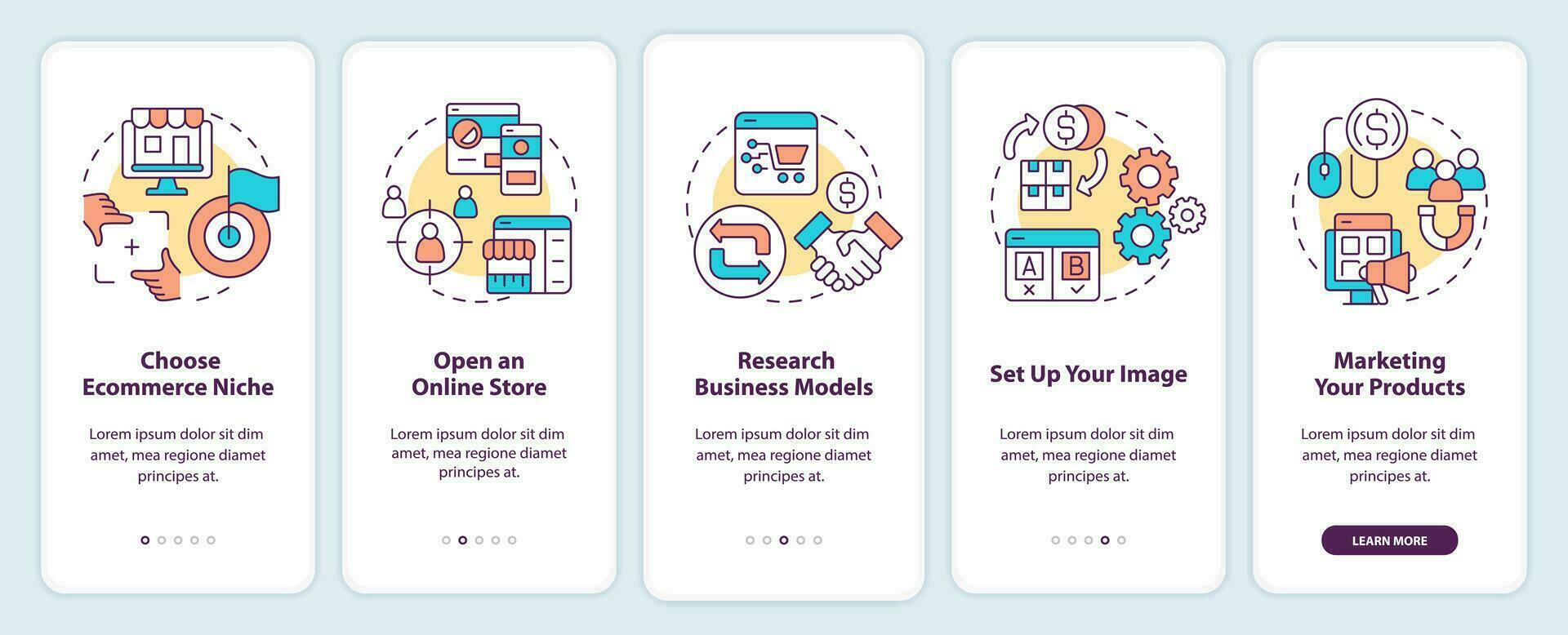Starting ecommerce business steps onboarding mobile app screen. Walkthrough 5 steps editable graphic instructions with linear concepts. UI, UX, GUI template vector