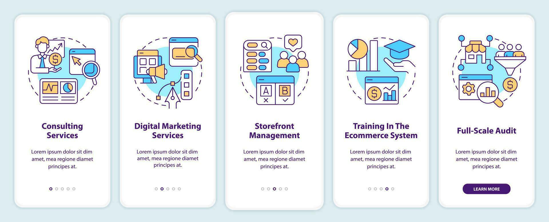 Online shop management services onboarding mobile app screen. Walkthrough 5 steps editable graphic instructions with linear concepts. UI, UX, GUI template vector
