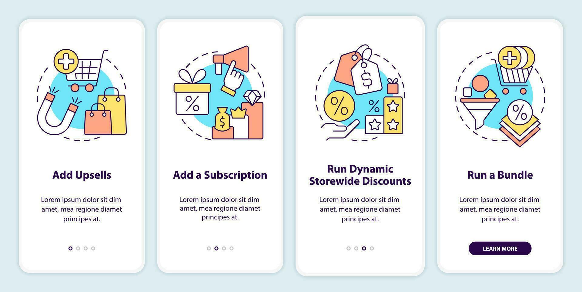 Optimizing online business onboarding mobile app screen. Walkthrough 4 steps editable graphic instructions with linear concepts. UI, UX, GUI template vector