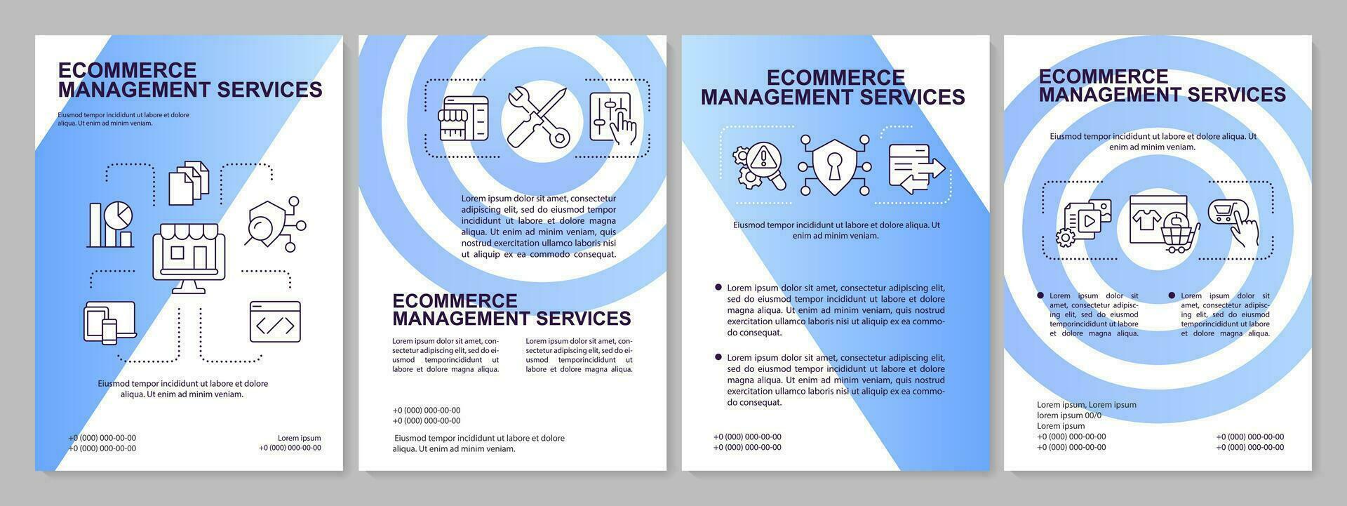 Ecommerce management services blue gradient brochure template. Leaflet design with linear icons. 4 vector layouts for presentation, annual reports