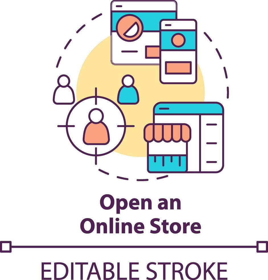 Open online store concept icon. Customer experience. Starting ecommerce business step abstract idea thin line illustration. Isolated outline drawing. Editable stroke vector