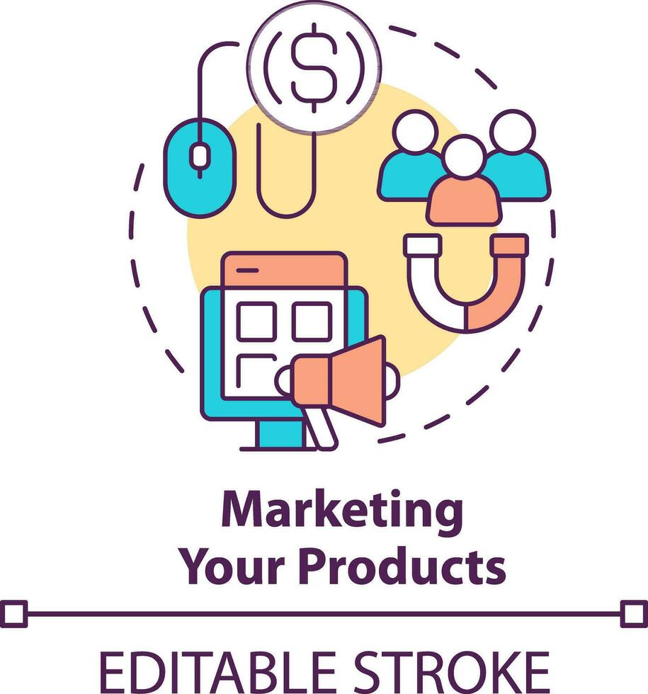 Marketing your products concept icon. Starting ecommerce business step abstract idea thin line illustration. Isolated outline drawing. Editable stroke vector