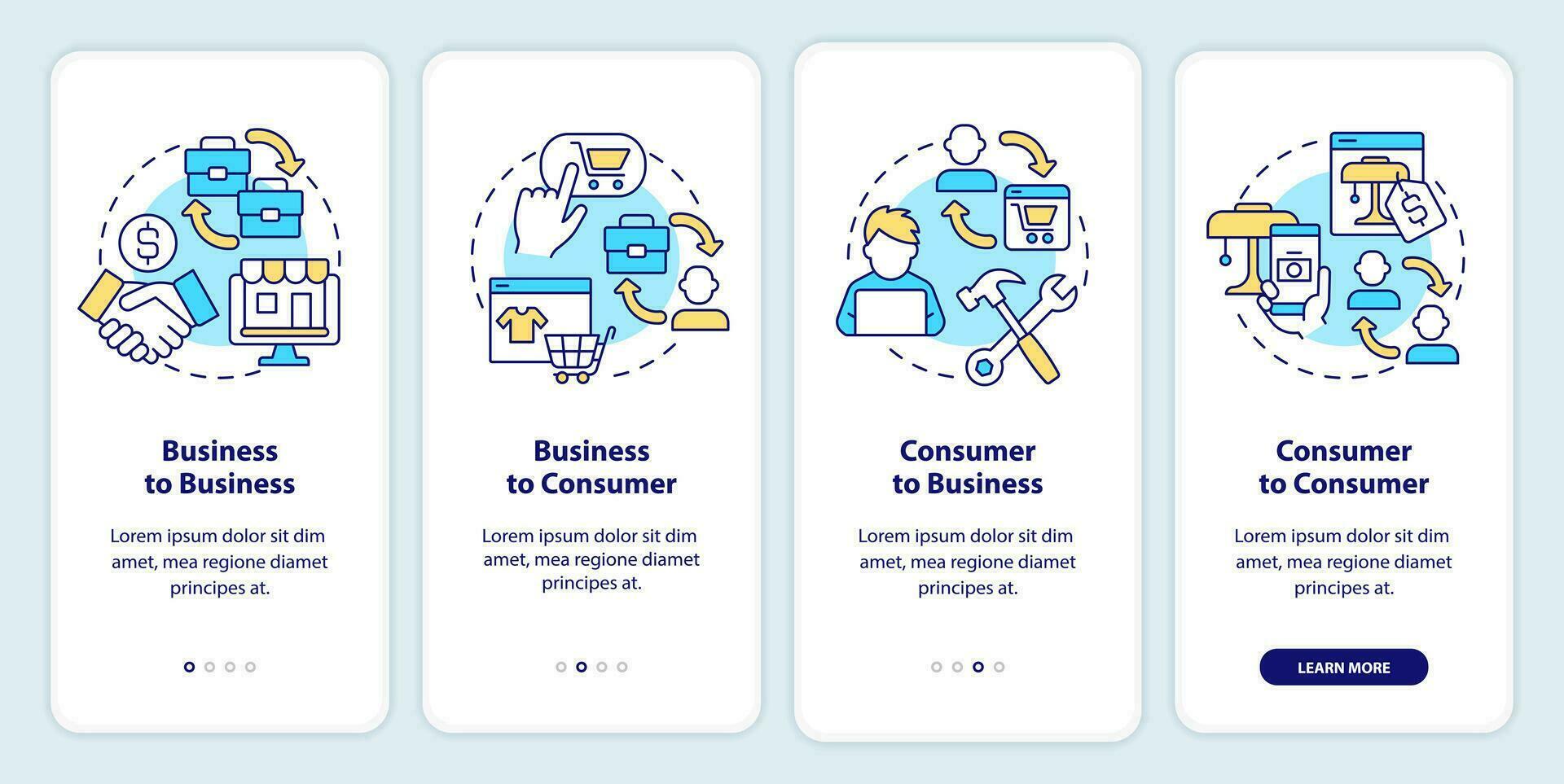 Online business models onboarding mobile app screen. Walkthrough 4 steps editable graphic instructions with linear concepts. UI, UX, GUI template vector
