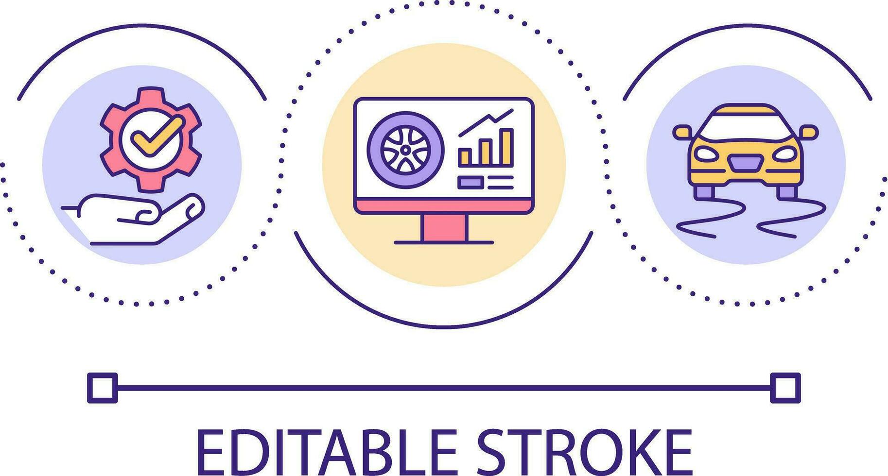 Wheel quality studying loop concept icon. Computer test of car safety. Modern vehicle abstract idea thin line illustration. Isolated outline drawing. Editable stroke vector