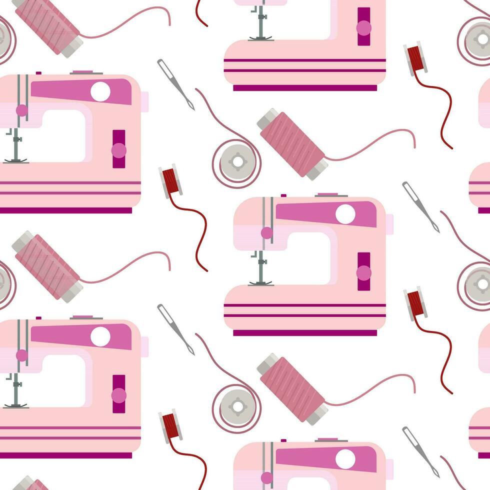 Seamless pattern, hand-drawn with sewing tools. A spool of thread, a bobbin, colored threads and a sewing machine, all on a white background. Printing on paper and textiles vector