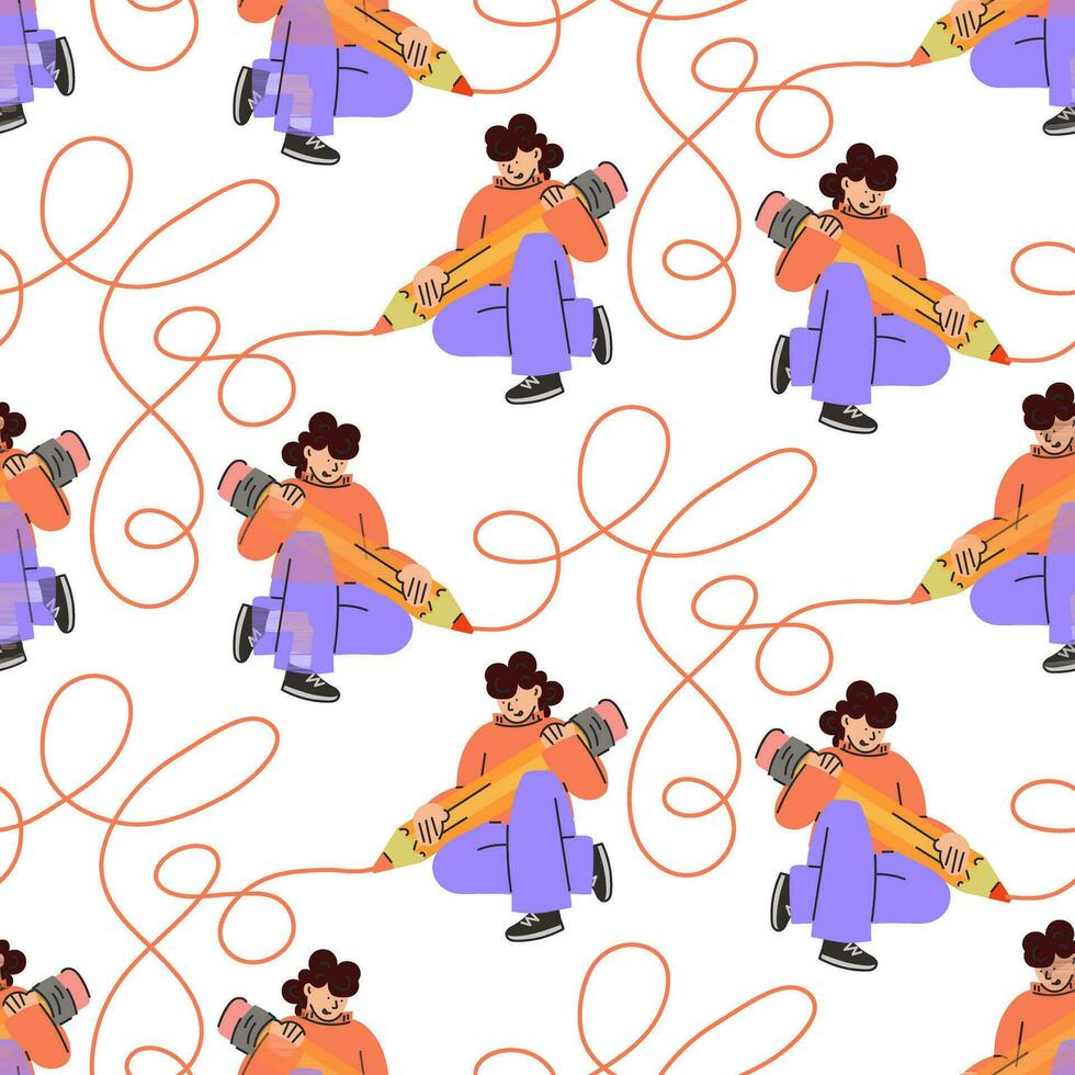 A pattern with a young girl and a big pencil draws loops and connects everything. A happy young student, a schoolgirl writes, draws. The concept of education. Knowledge Day, September. Back to school vector
