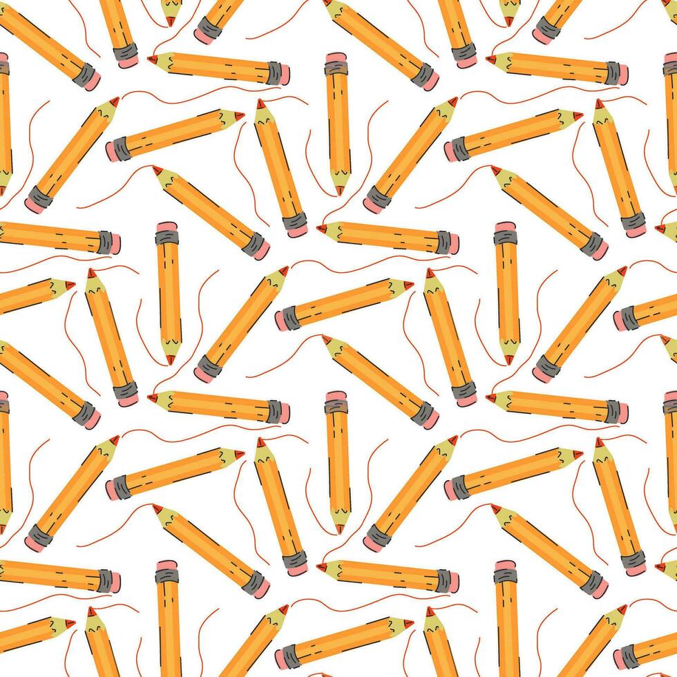 A pattern of yellow pencils scattered on a white background. Straight short yellow pencil. Return to school, the concept of teacher's day. Hand-drawn vector illustration. Square seamless pattern