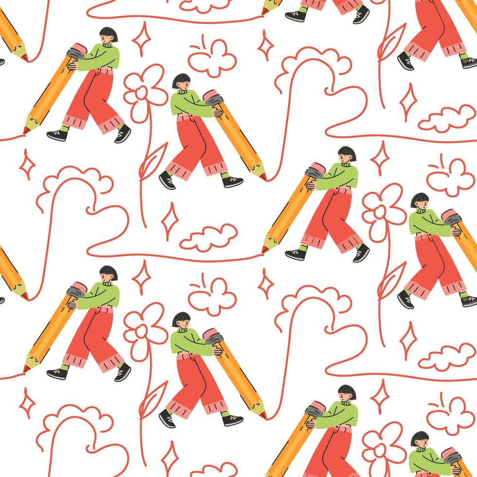A pattern with a young girl and a large pencil draws small drawings. A happy young student, a schoolgirl writes, draws. The concept of education. Knowledge Day, September. Back to school. Vector