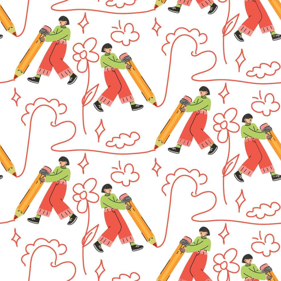 A pattern with a young girl and a large pencil draws small drawings. A happy young student, a schoolgirl writes, draws. The concept of education. Knowledge Day, September. Back to school. Vector