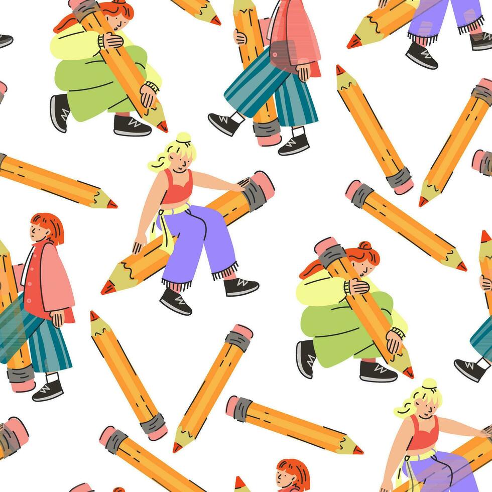 A pattern of different young people holding large pencils with a seamless pattern. Happy young students write, draw. The concept of education. Knowledge Day, September. Back to school. Vector