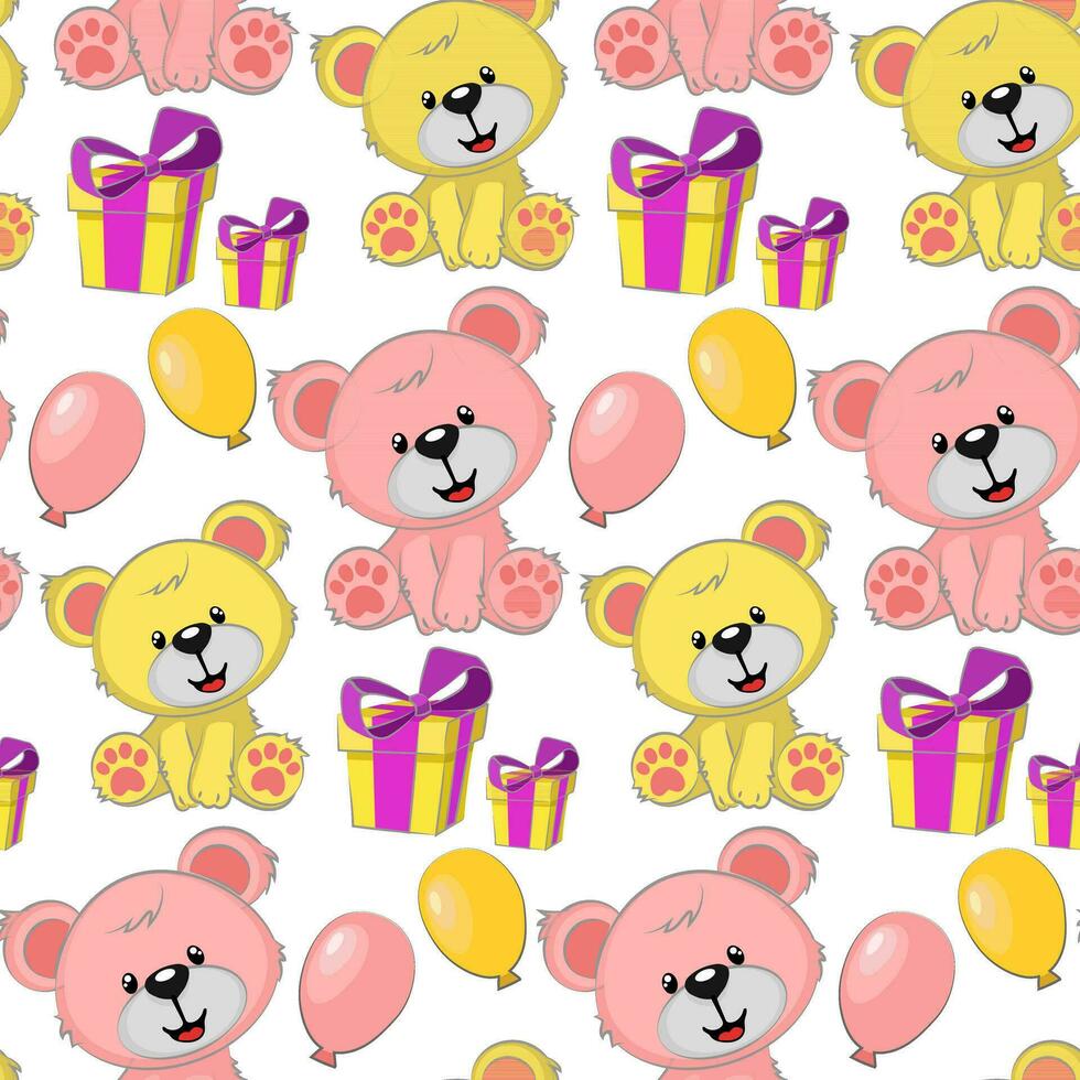 Seamless pattern with yellow and pink bears of different sizes. Cartoon cute bears with gifts and balloons. Printing on textiles and paper. Gift wrapping for the holiday vector