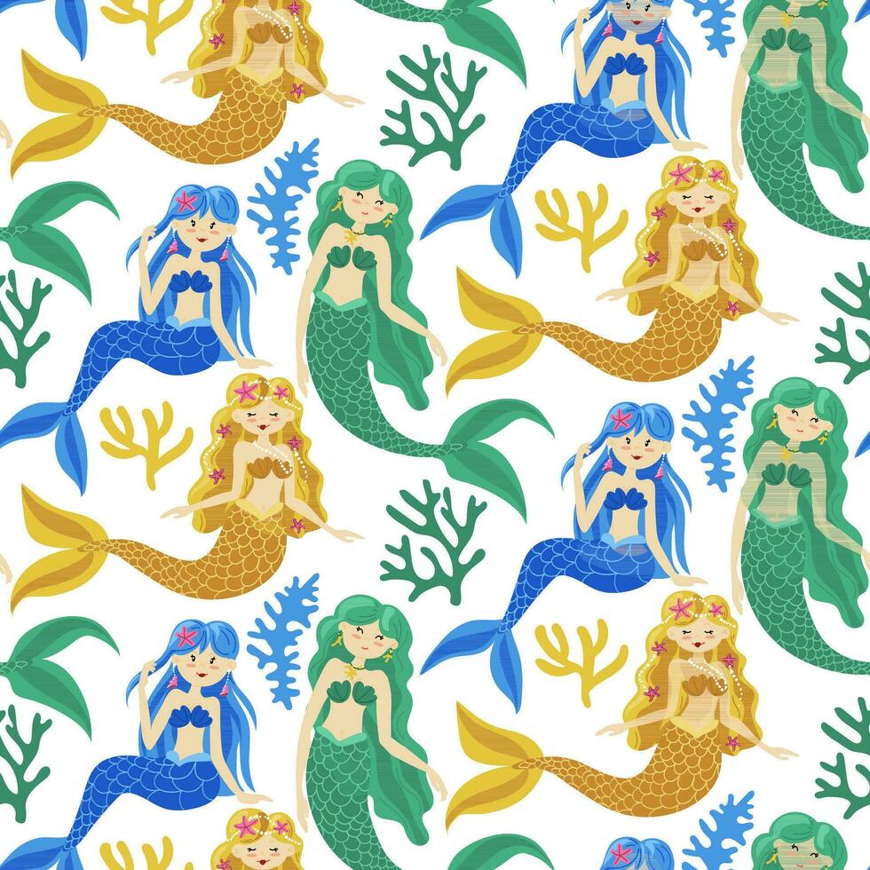 Seamless children's pattern with cute colored mermaids and sea elements. Yellow, green, and blue are the primary colors. Colored corals. Cartoon background. Ideal for fabrics, textiles, packaging vector