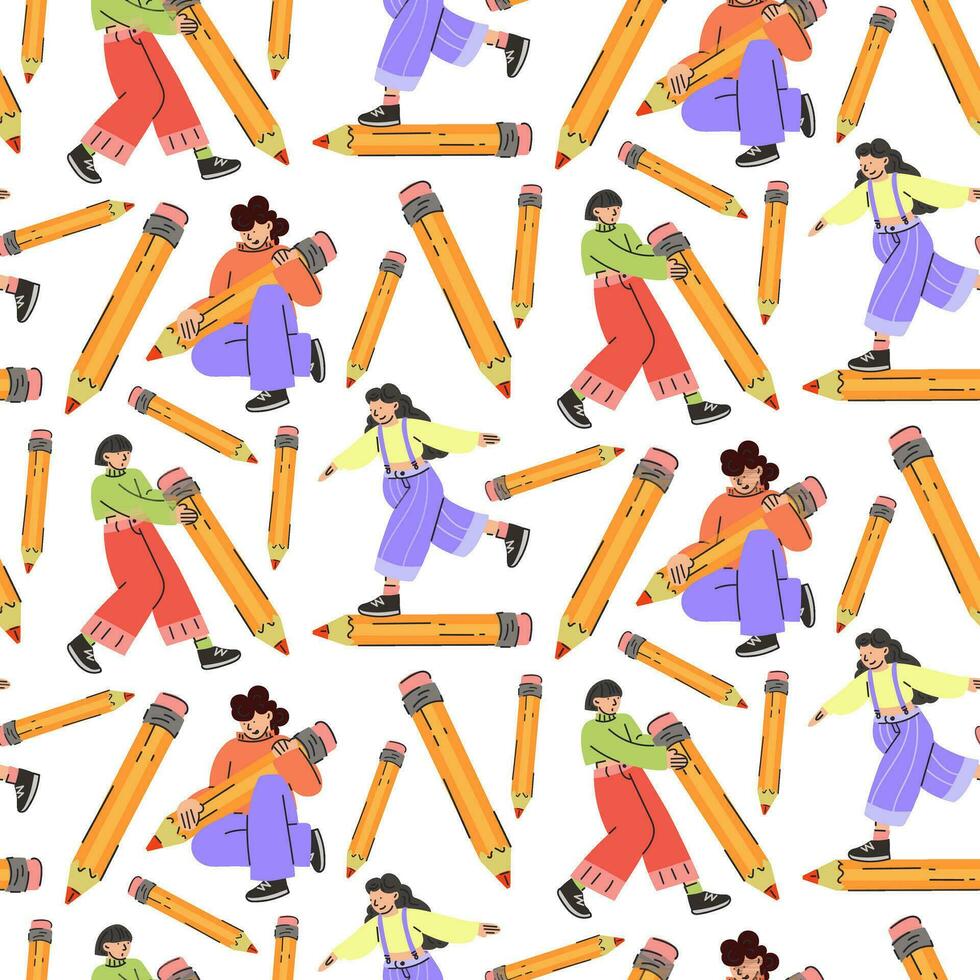 A pattern of different young people holding large pencils with a seamless pattern. Happy young students write, draw. The concept of education. Knowledge Day, September. Back to school. Vector