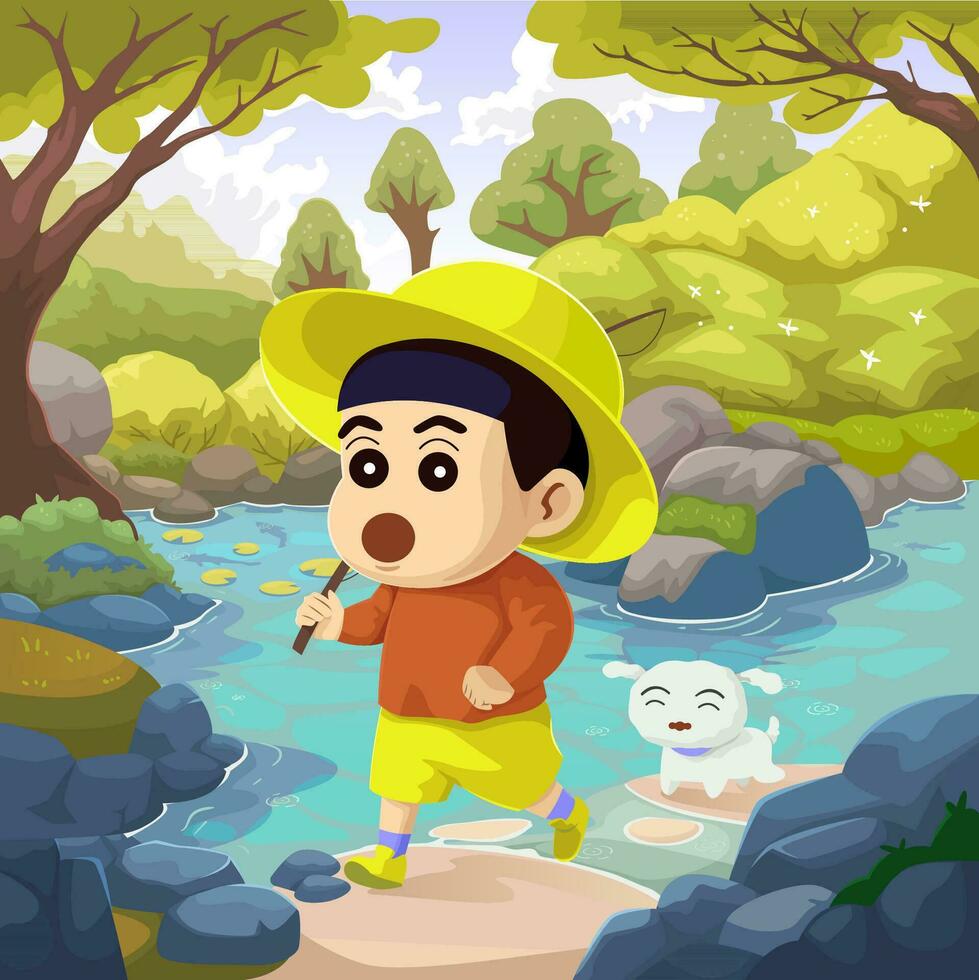 Cute Japanese Boy Fishing in the Lake with His Dog vector