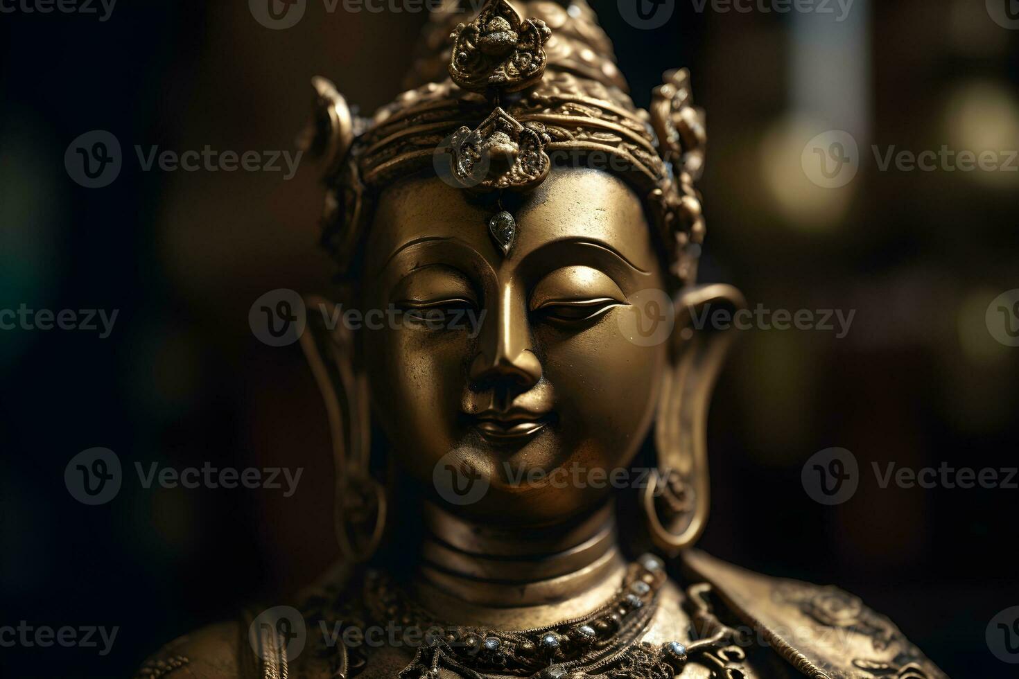 Close up of a golden statue of a buddha in temple photo