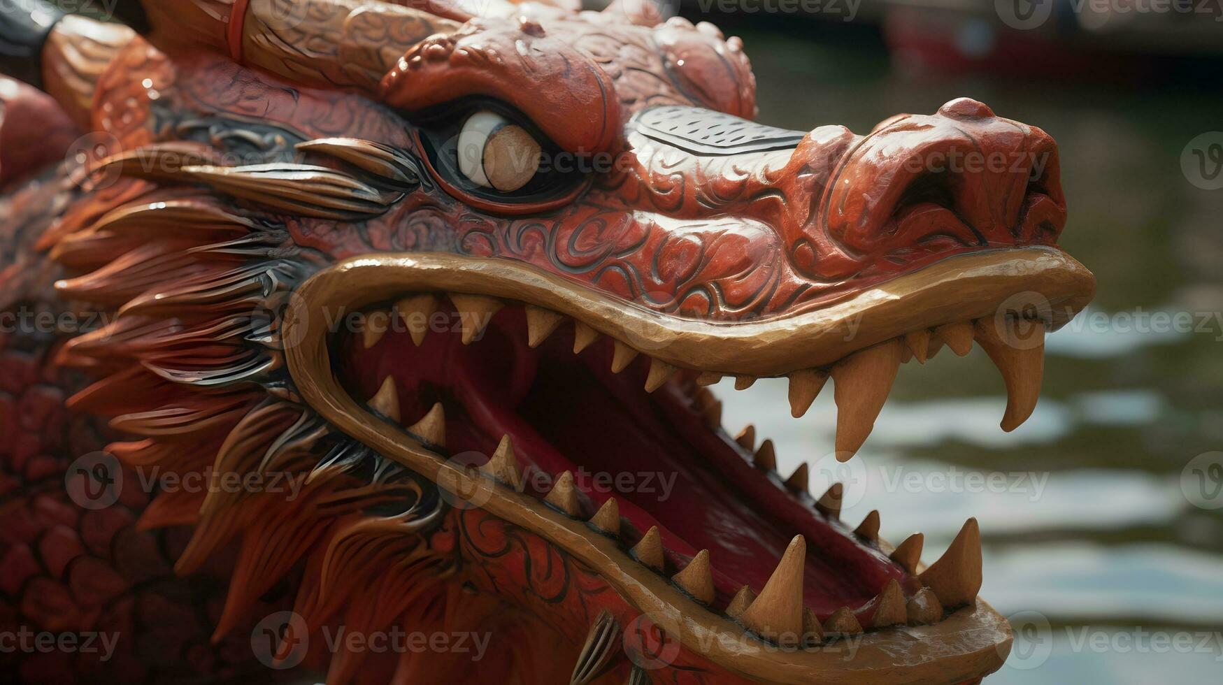 A wooden dragon head of dragon boat photo