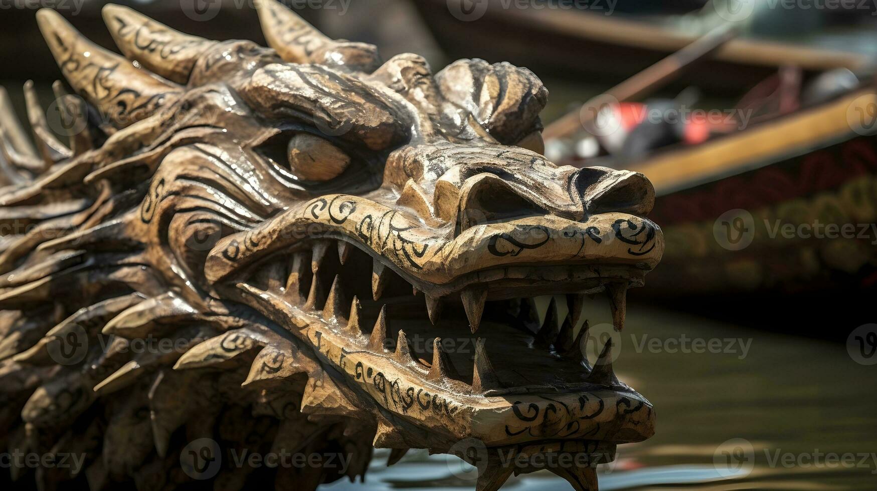 A wooden dragon head of dragon boat photo