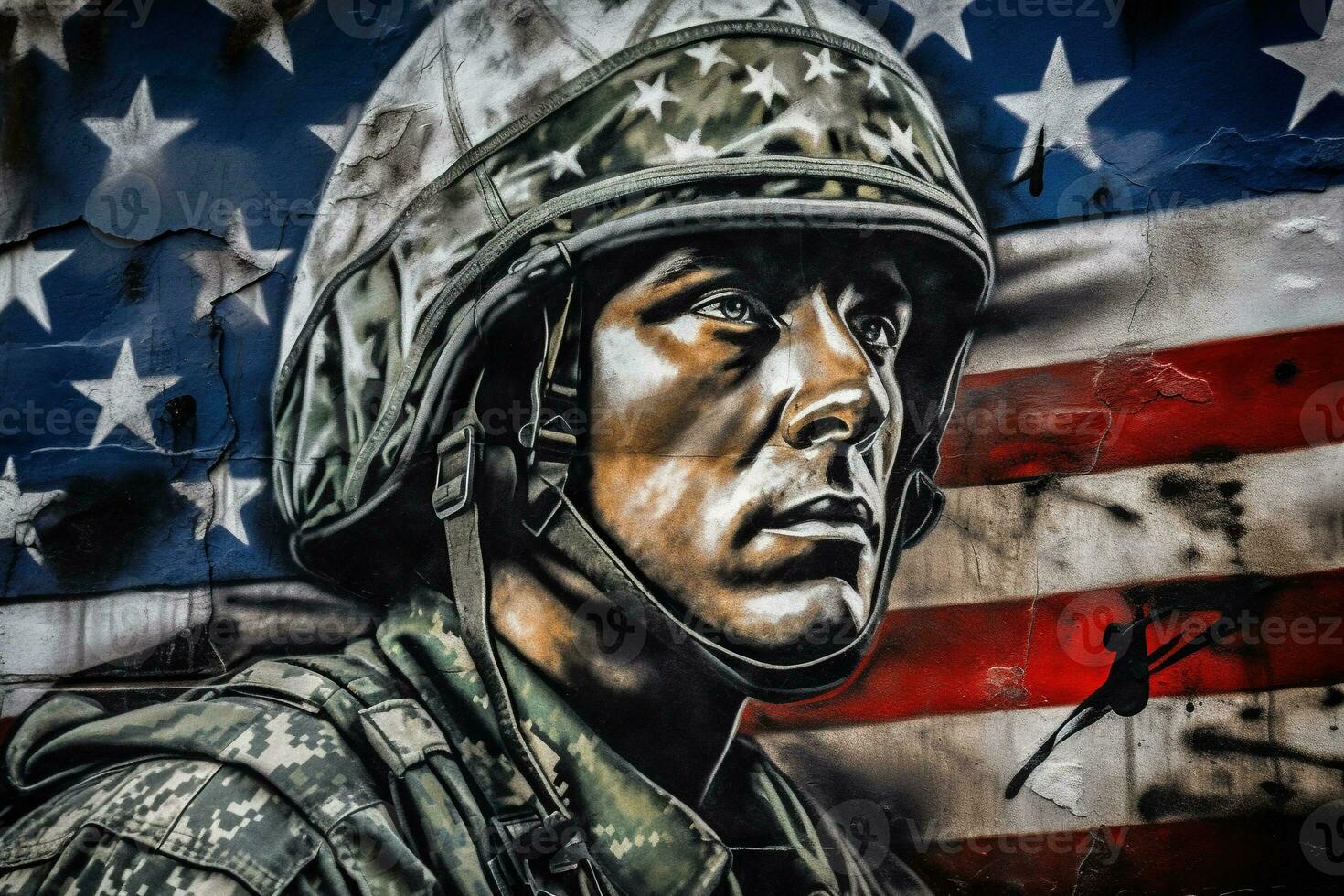 A Street art mural graffiti painting of a soldier with a helmet on the wall photo