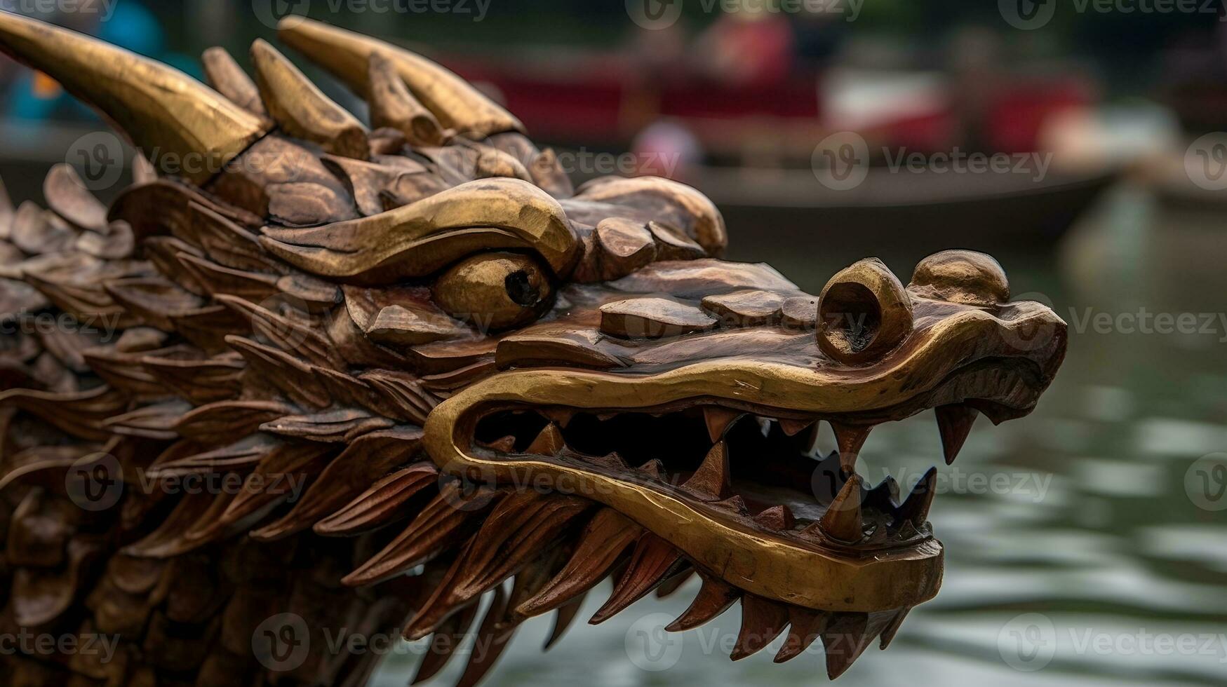 A wooden dragon head of dragon boat photo