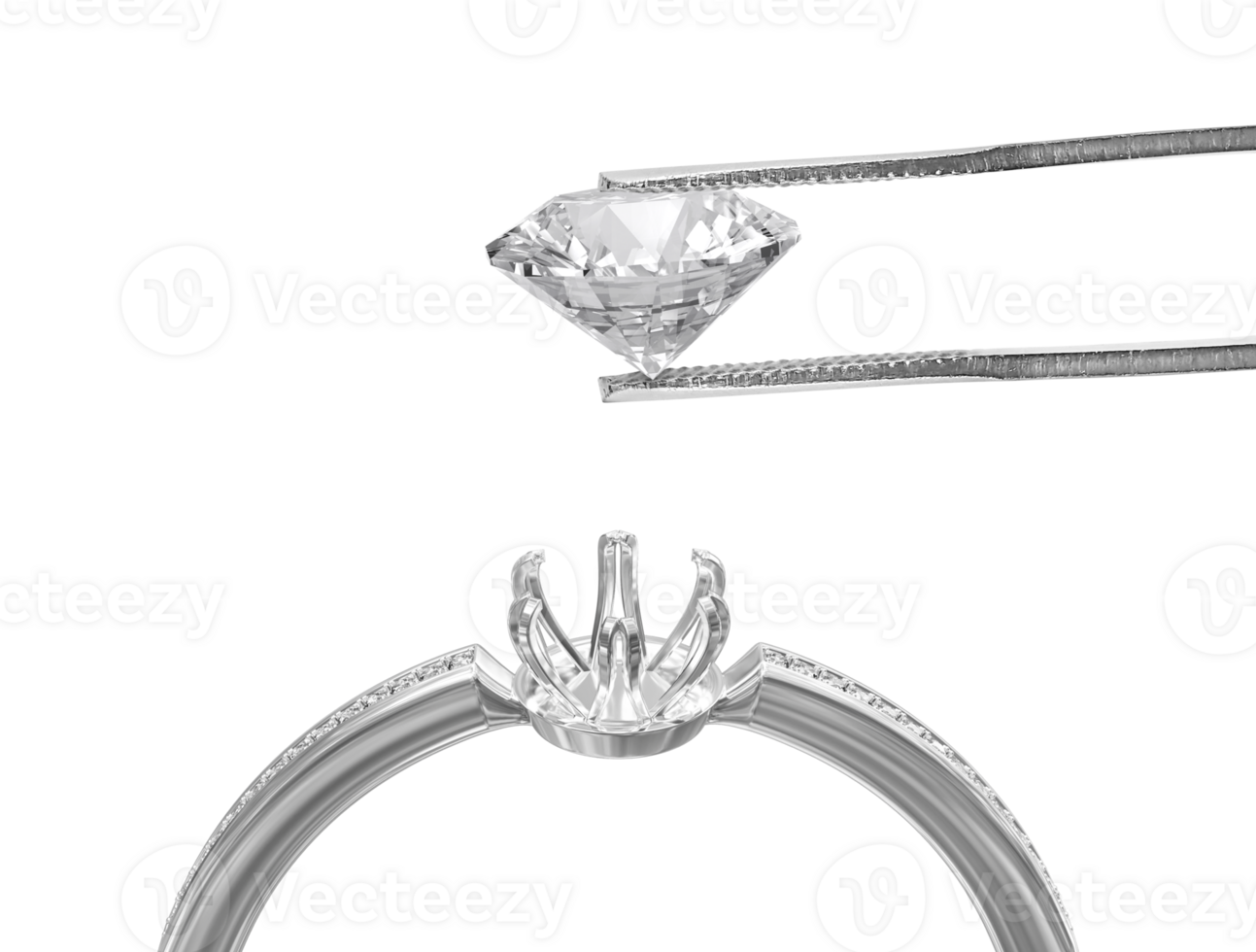 White gold or silver ring without gemstone and Excellent cut diamonds held by tweezers, transparent background png