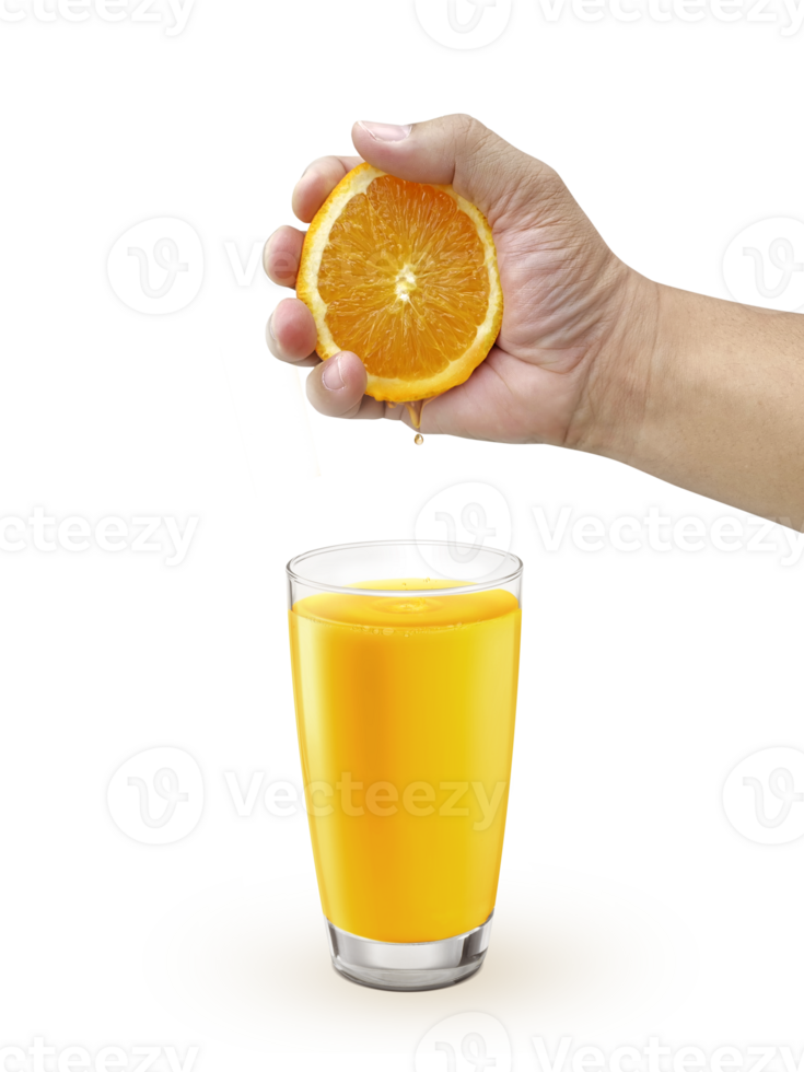 Hand squeezing orange into glass with drink of orange colour, transparent background png