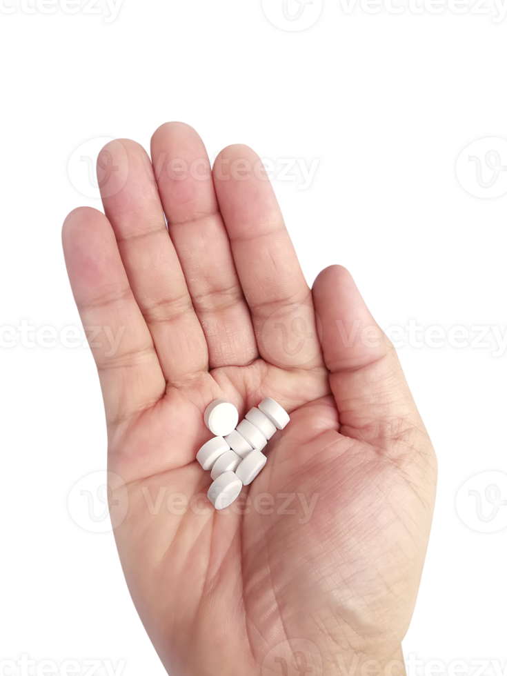 A handful of white pills in hand on a transparent background png