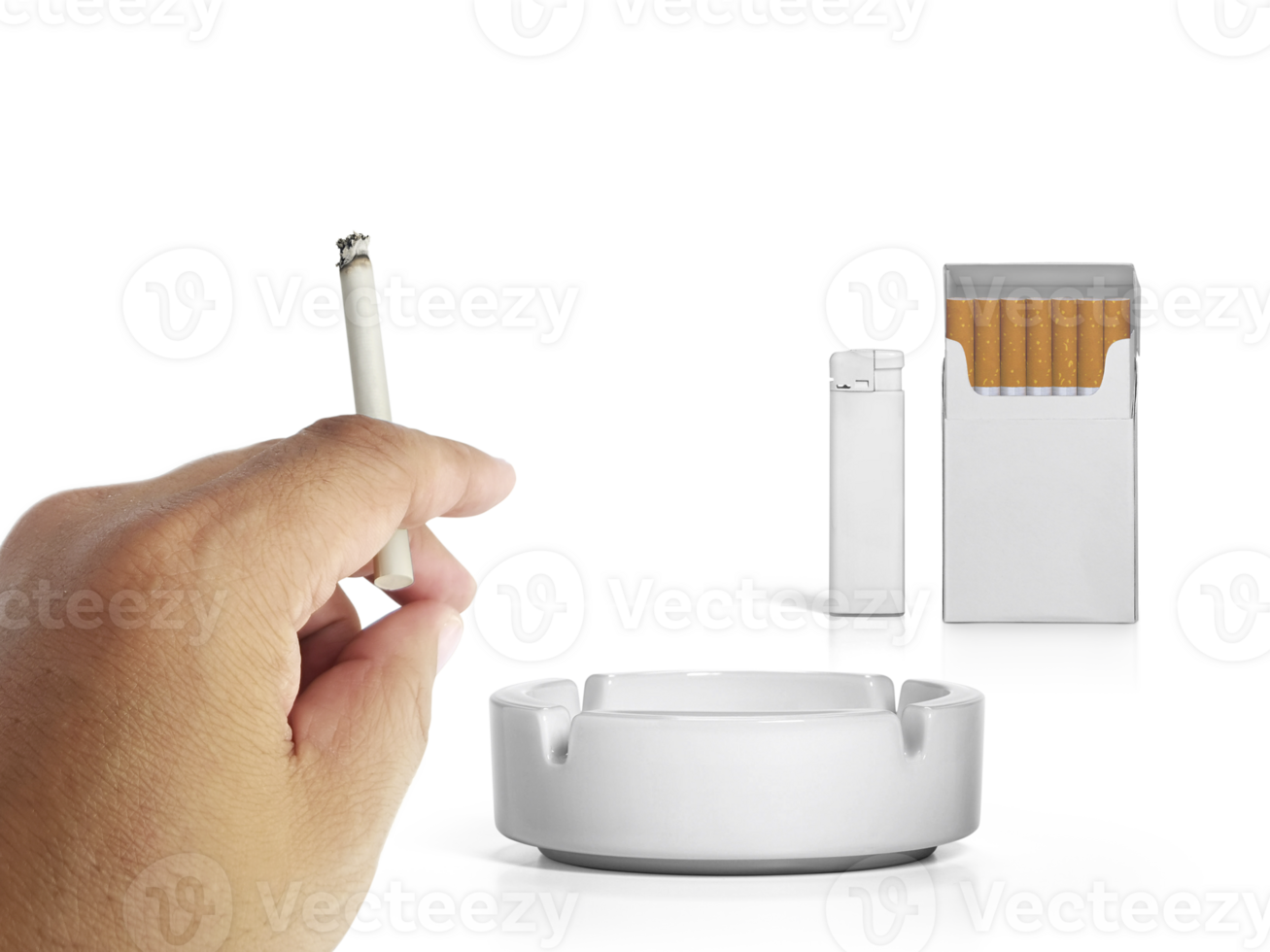 A cigarette in a hand, Cigarette pack, ashtray, and lighters on a transparent background png